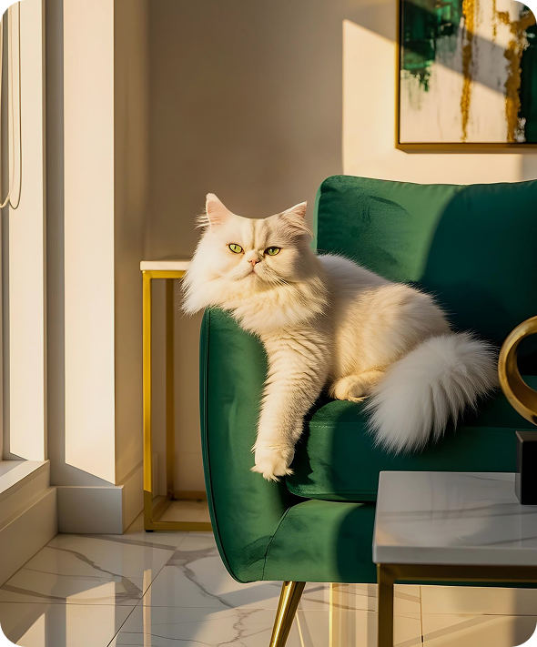 White cat on green armchair
